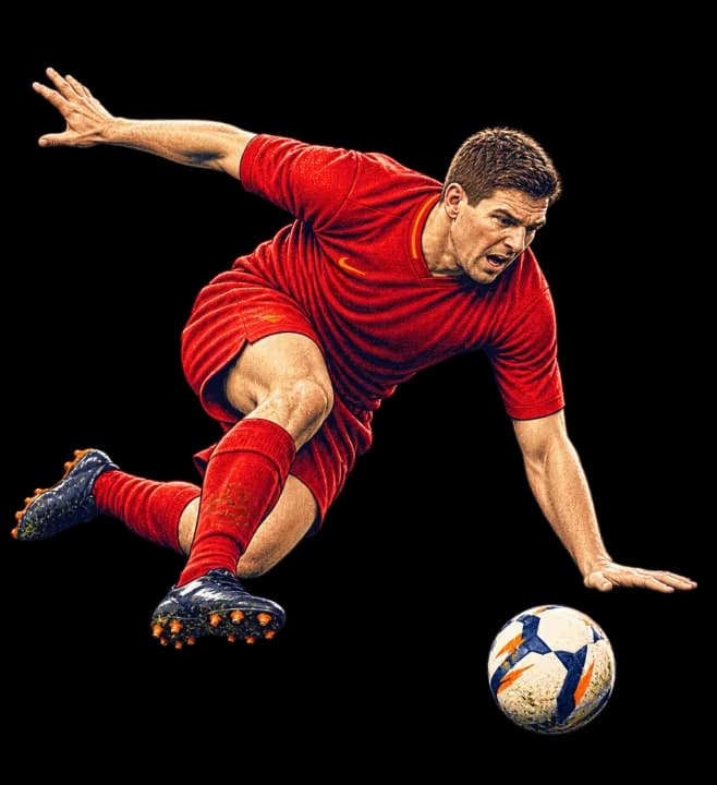 Illustration of Steven Gerrard losing his footing as the ball rolls away