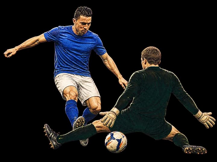 Illustration of Bryan Oviedo nutmegging the goalkeeper for Everton's winner at Old Trafford in 2013