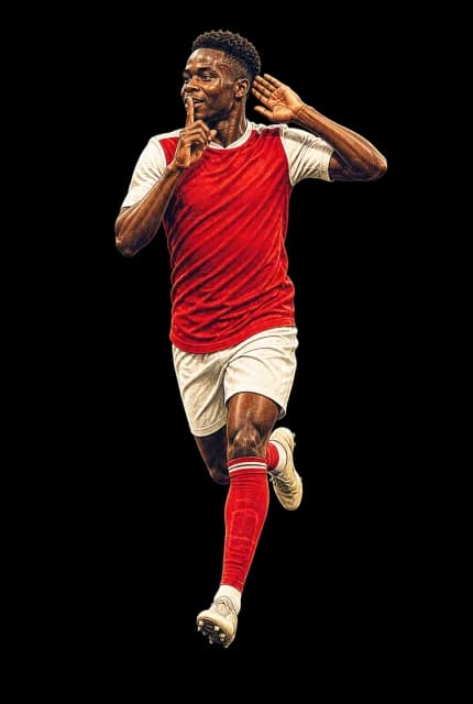 Illustration of Bukayo Saka celebrating with a finger to his lips and hand to his ear